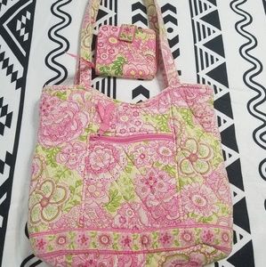 Used Vera Bradley tote and wallet pink and green